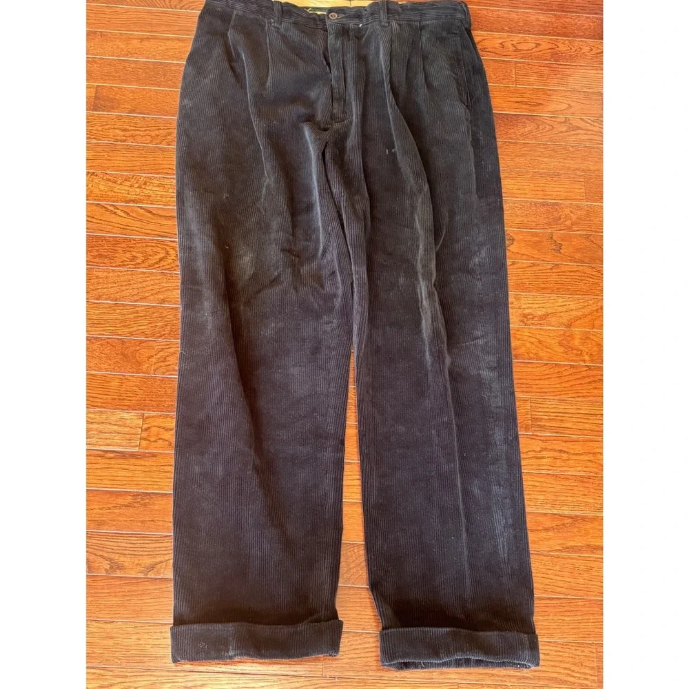 Polo Ralph Lauren Mens Navy Blue Corduroy Pleated Cuffed Pants 36/32